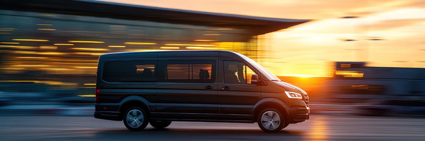 A dark van moving quickly on the road