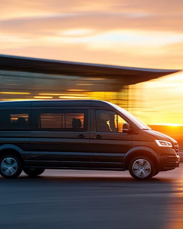 A dark van moving quickly on the road