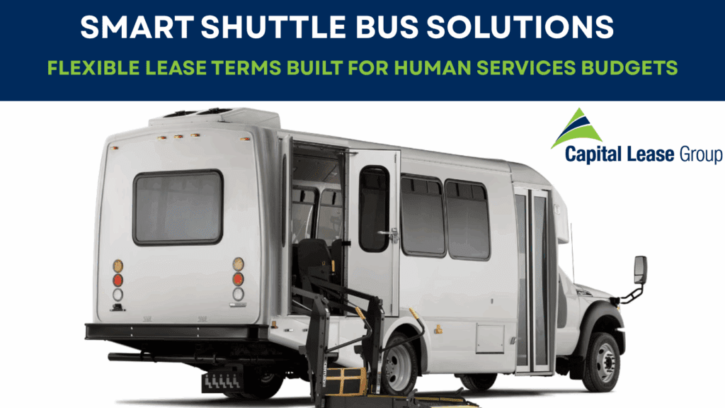 Image of a StarCraft 15-passenger shuttle bus, ideal for Human Services transportation. The bus is designed for group transport with ADA-compliant features and is available through flexible leasing options.