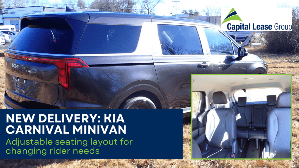 Exterior photo of a Kia Carnival MPV with an inset image showing the interior seating layout, highlighting flexible seating for Human Services transportation.