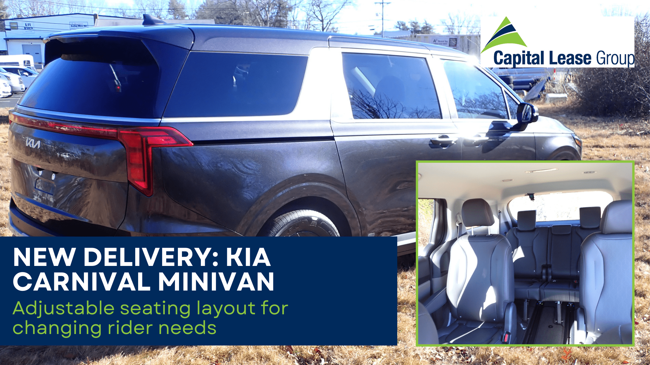 Exterior photo of a Kia Carnival MPV with an inset image showing the interior seating layout, highlighting flexible seating for Human Services transportation.